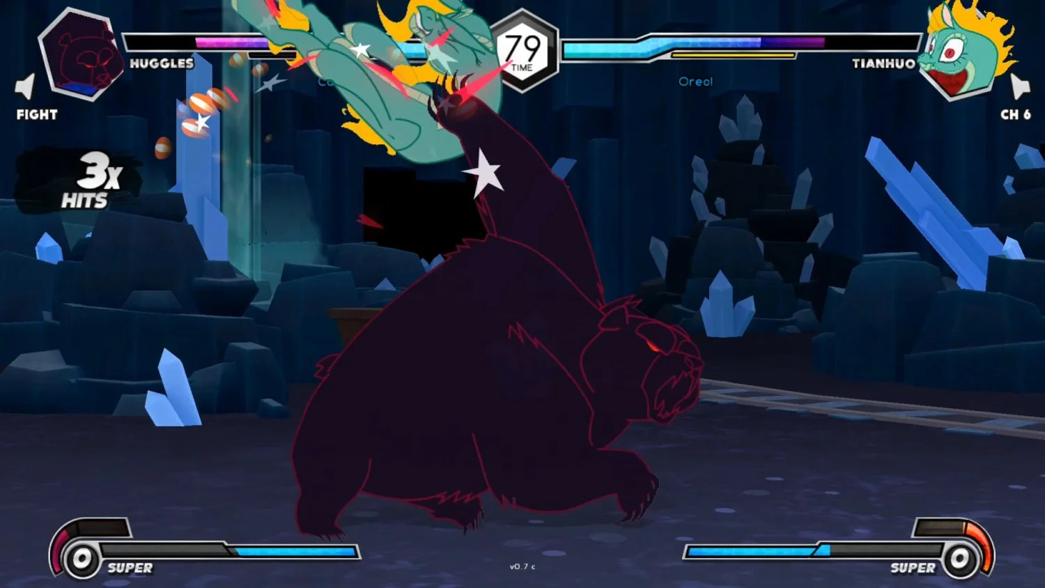 Gameplay screenshot showing Tianhuo and bear predator in combat on Salt Mines stage in story mode of Them’s Fightin’ Herds