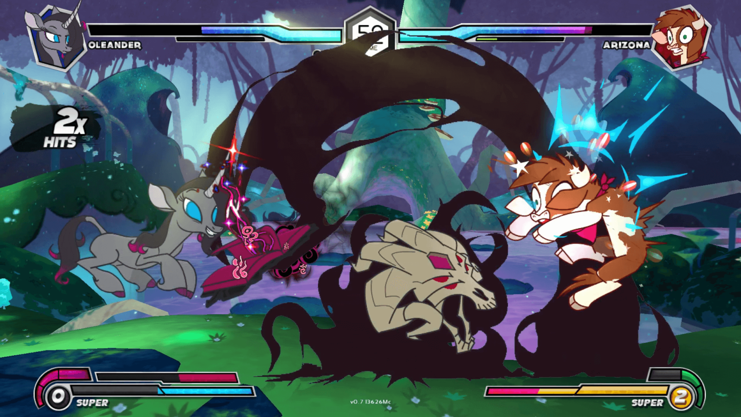 Gameplay screenshot showing Oleander and Arizona in combat on The Woodlands Glade stage in Them’s Fightin’ Herds
