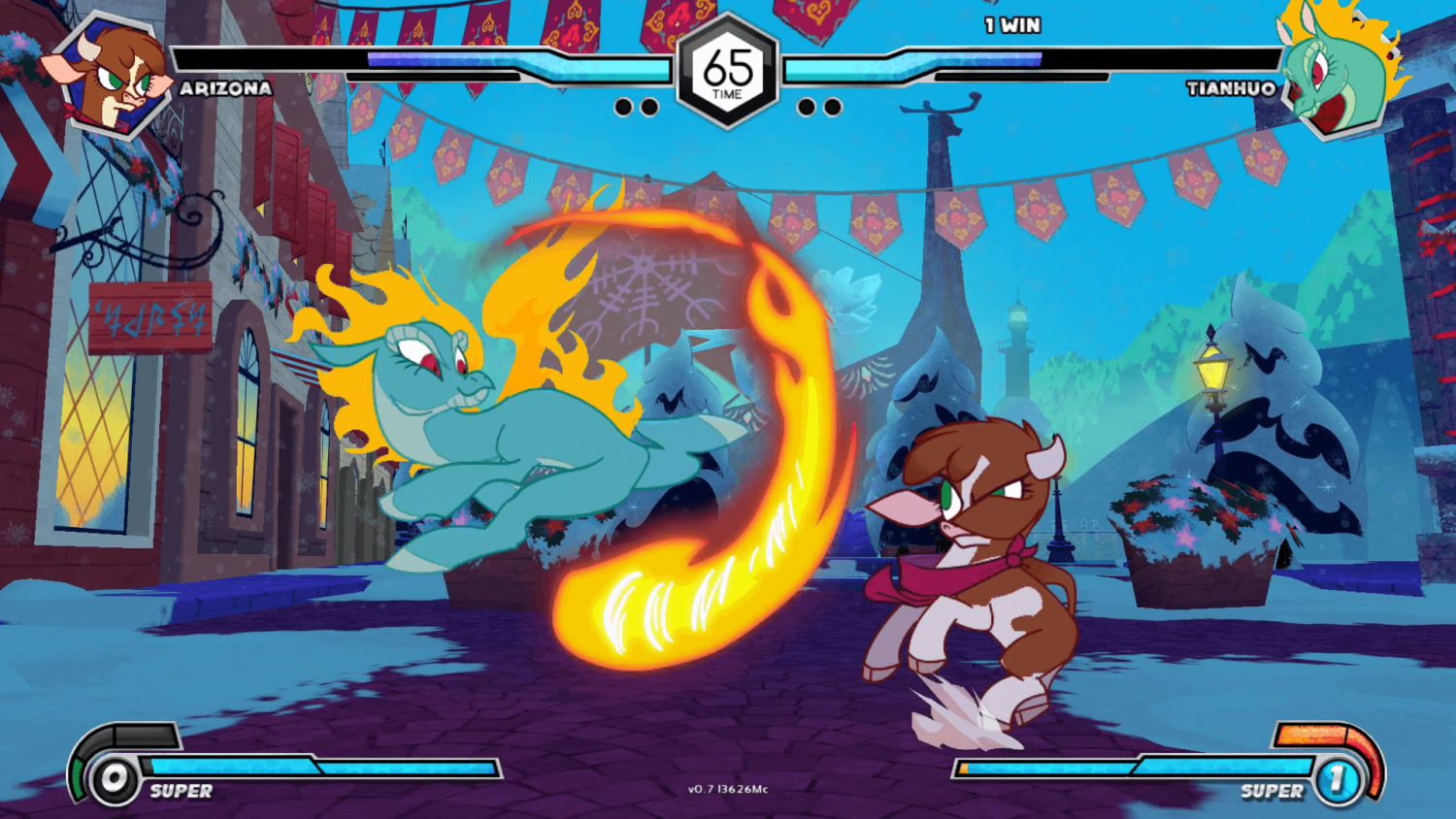 Gameplay screenshot showing Arizona and Tianhuo in combat in Them’s Fightin’ Herds