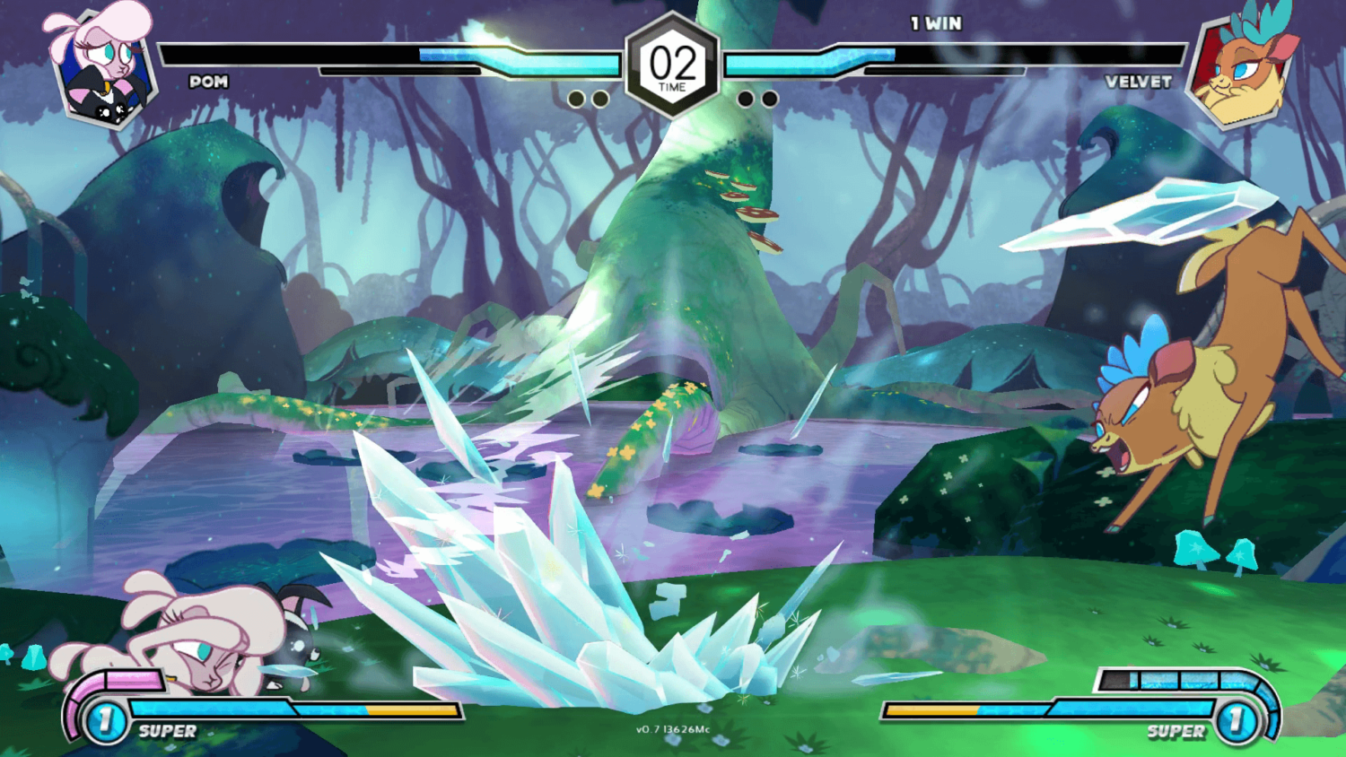 Gameplay screenshot showing Pom and Velvet in combat on The Woodlands Glade stage in Them’s Fightin’ Herds