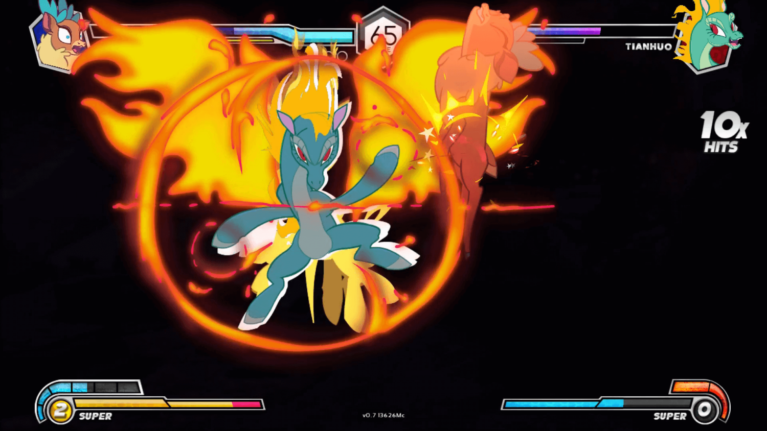 Gameplay screenshot showing Velvet and Tianhuo in combat in Them’s Fightin’ Herds