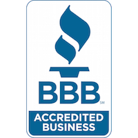 BBB Accredited Business logo with blue flame icon and text.