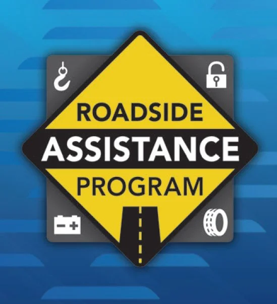 Graphic of a roadside assistance program with icons of a tow hook, lock, battery, tire, and road sign.