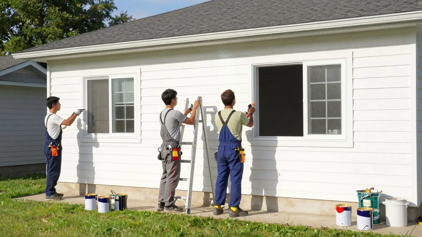 Four people painting the exterior of a white house with four windows, using paint brushes and rollers, with paint cans on the ground.