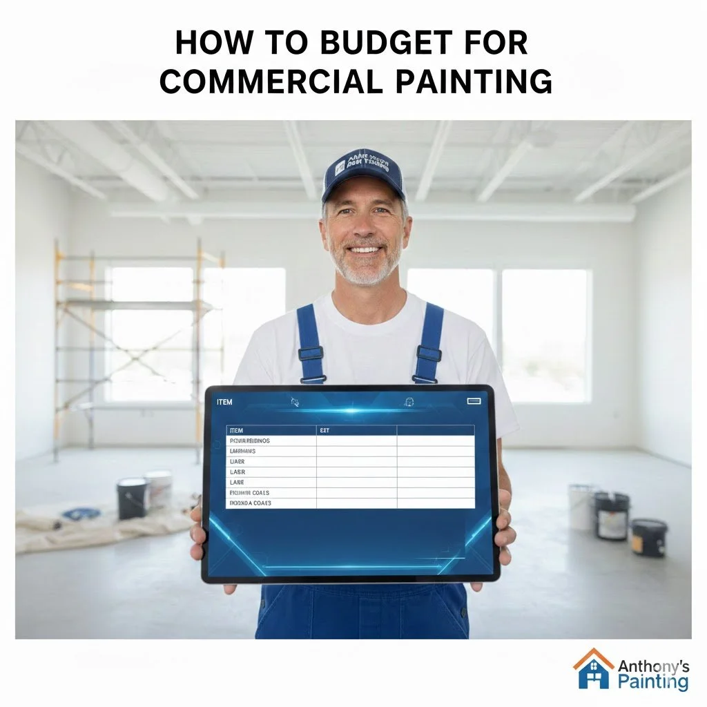 A smiling man wearing a blue cap and overalls holding a tablet displaying an inventory list in a bright empty room under construction.