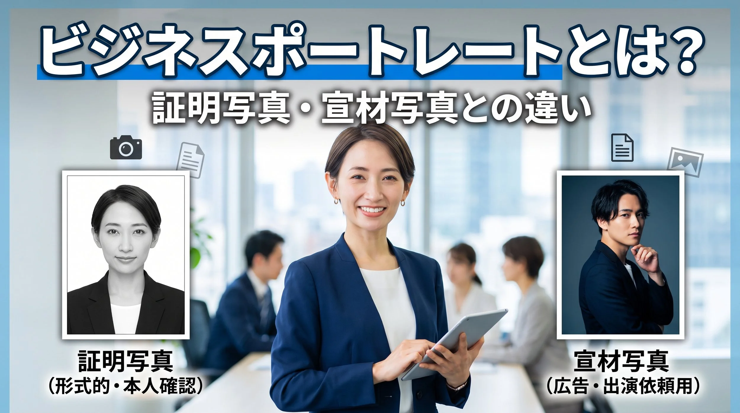 ビジネスポートレートとは？証明写真・宣材写真との違いを表すイメージ（中央にビジネスポートレート、左に証明写真、右に宣材写真）