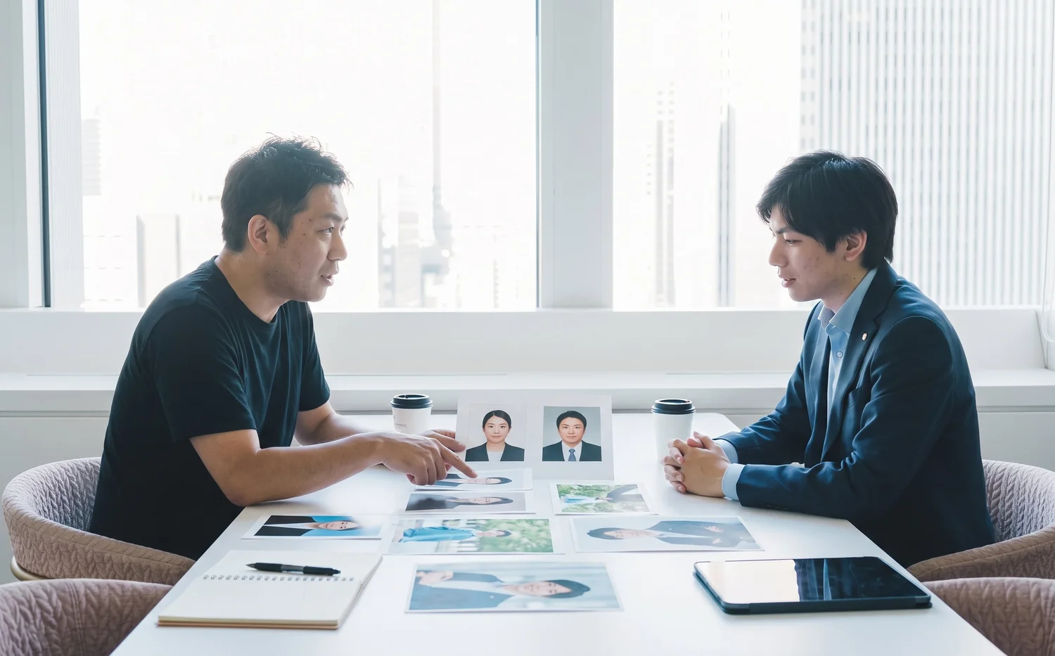 証明写真とビジネスポートレートの違いを、写真を並べて比べながら打ち合わせをする様子