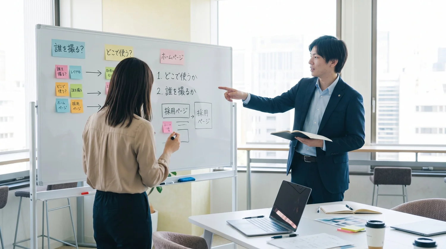 ホワイトボードで「誰を撮るか」「どこで使うか」を整理する撮影前の打ち合わせ