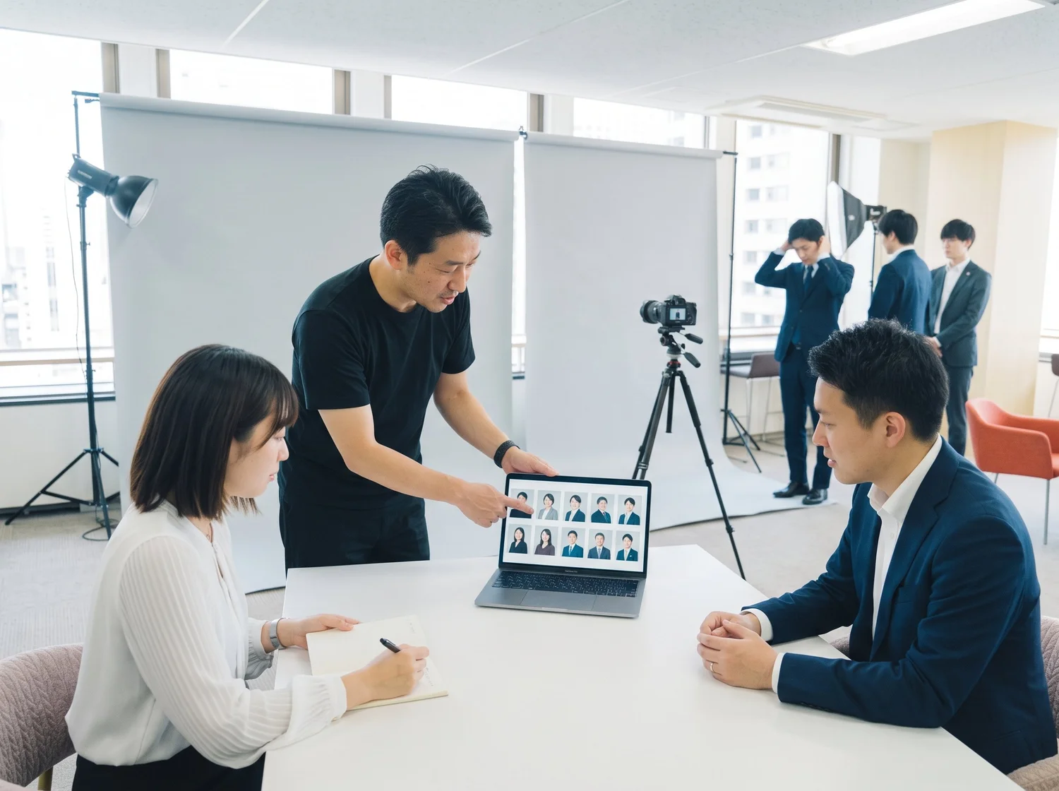 撮影した社員のプロフィール写真をノートパソコンで並べて、背景や明るさがそろっているか確認する様子