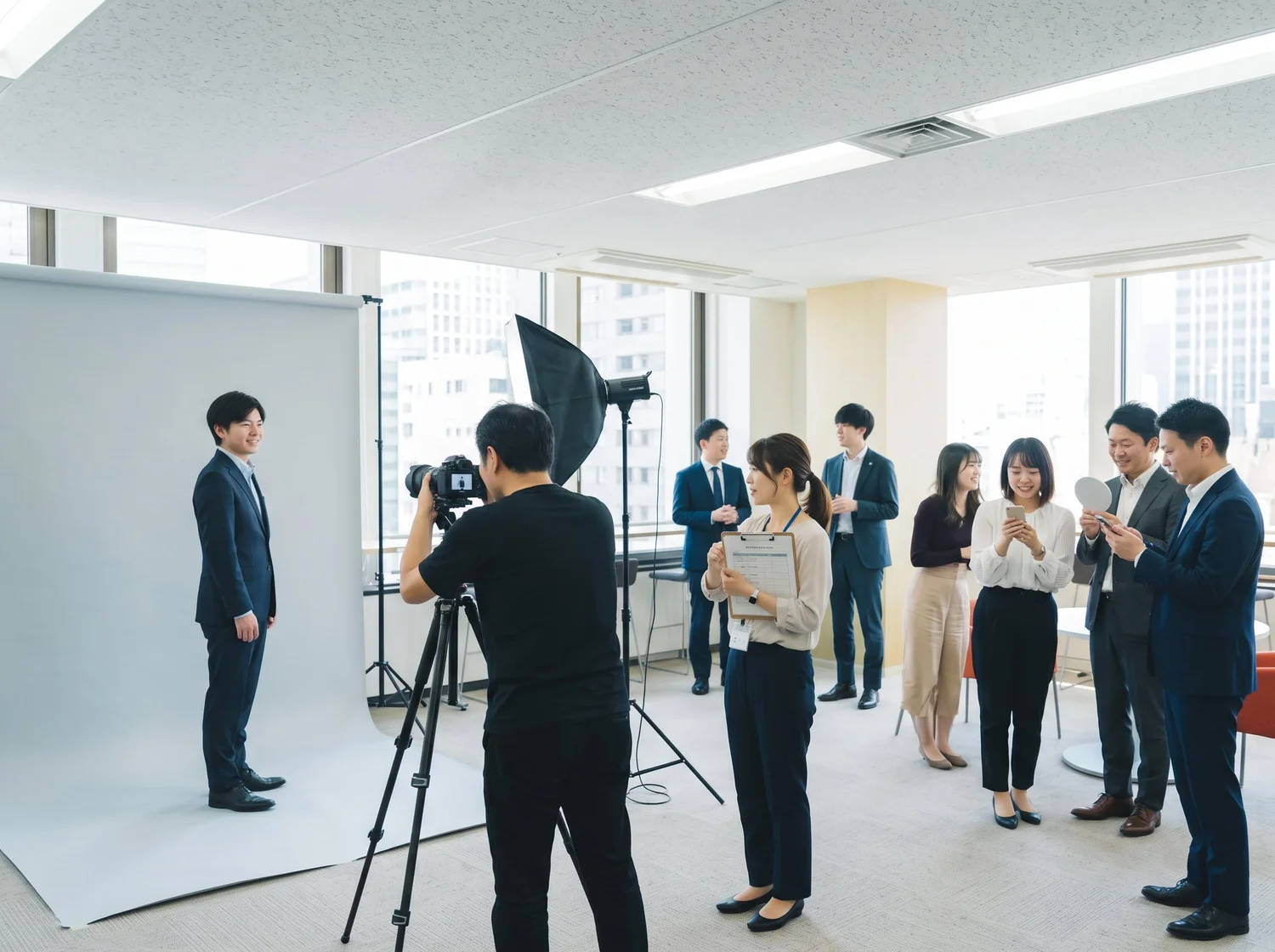背景紙とライトを設営し、社員のプロフィール写真を順番に撮影する大人数の撮影