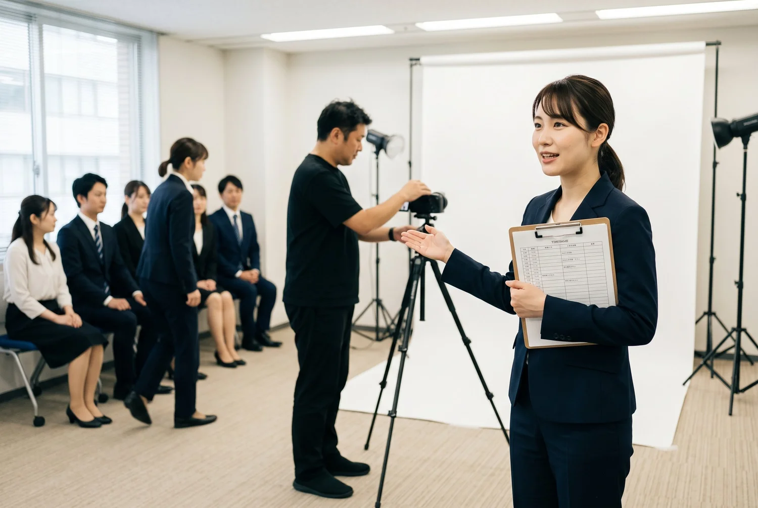 撮影の順番を待つ社員と、時間割を手に進行を管理するご担当者