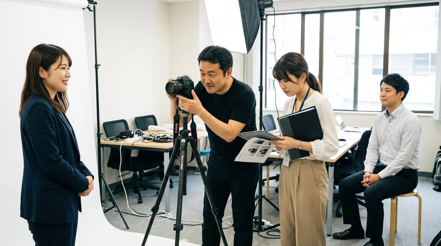 後から入社した社員のプロフィール写真を、最初の撮影と同じ条件で追加撮影する様子