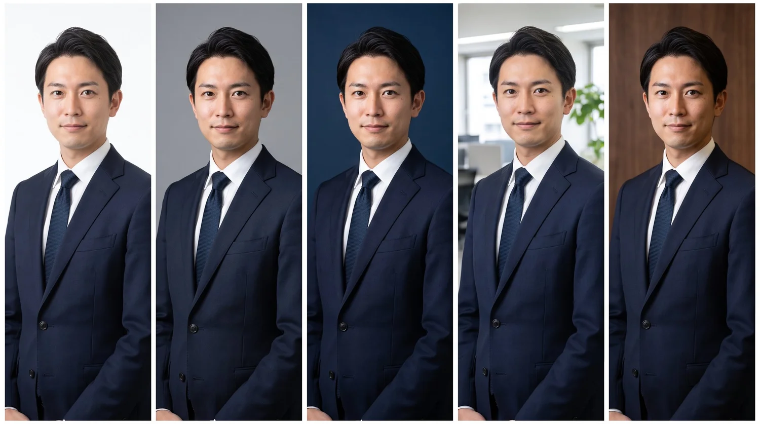 白・グレー・紺・オフィス・木目の5種類の背景で撮影した同じ男性のプロフィール写真の比較