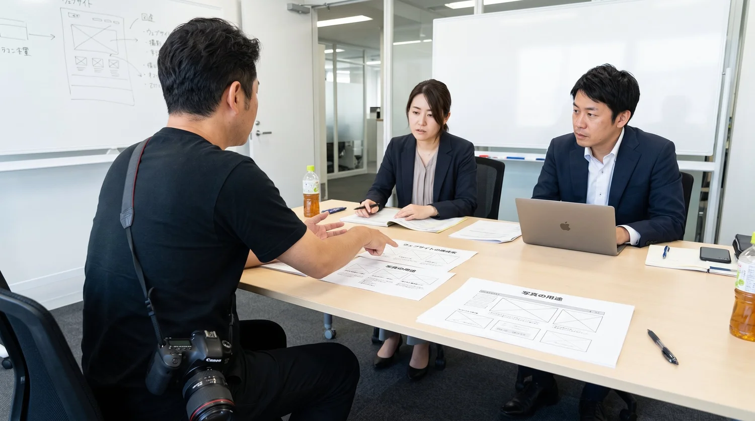 撮影前の打ち合わせで、プロフィール写真の使い道や背景をカメラマンと相談する企業のご担当者