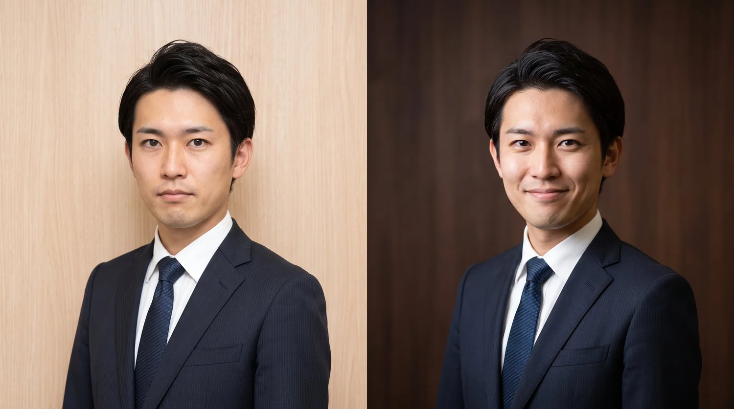 木目背景のプロフィール写真の比較。左は肌の色に近い明るい木目、右は肌よりはっきり濃い木目