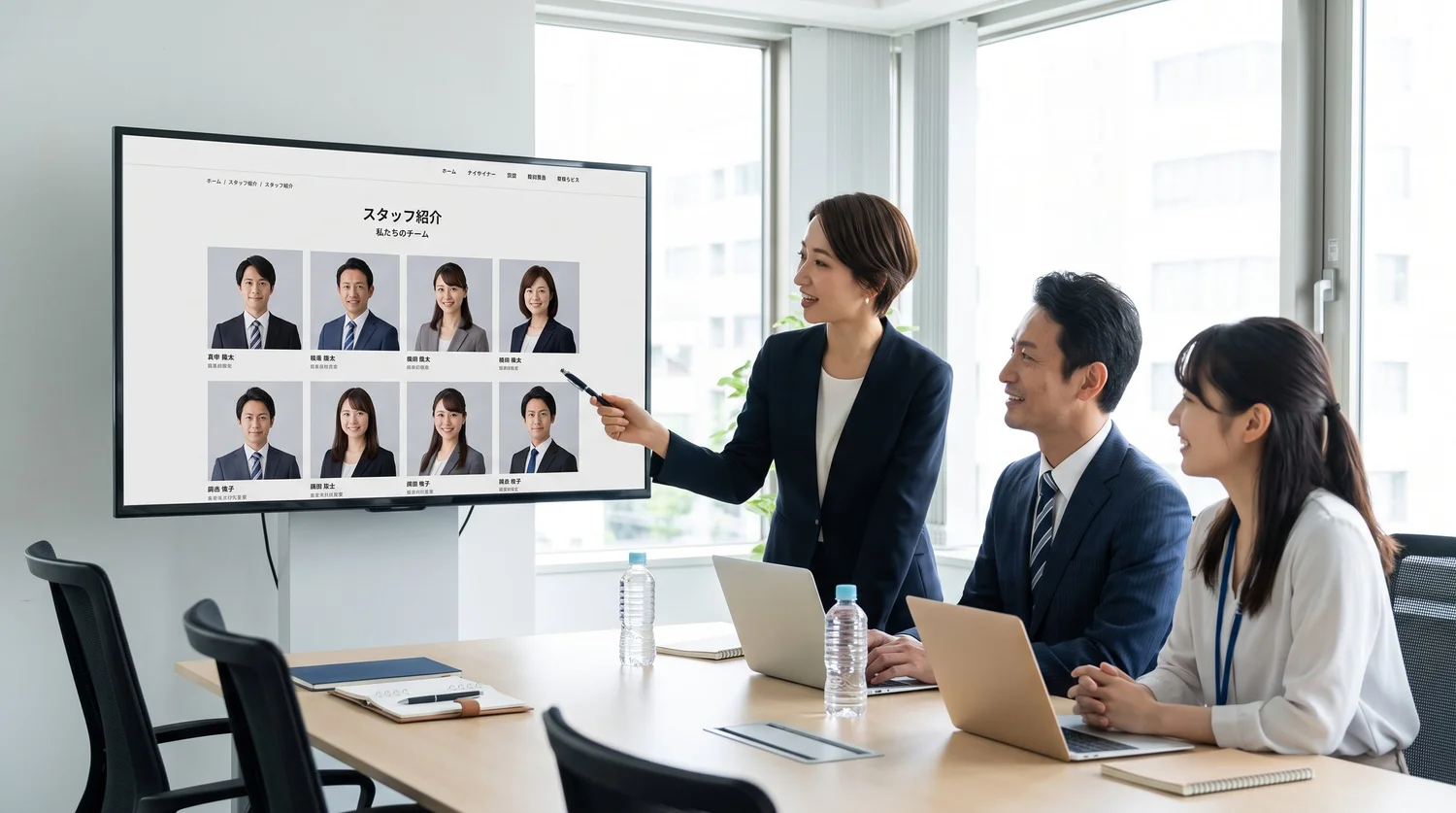会社のスタッフ紹介ページで、背景をそろえたプロフィール写真を並べて確認する様子