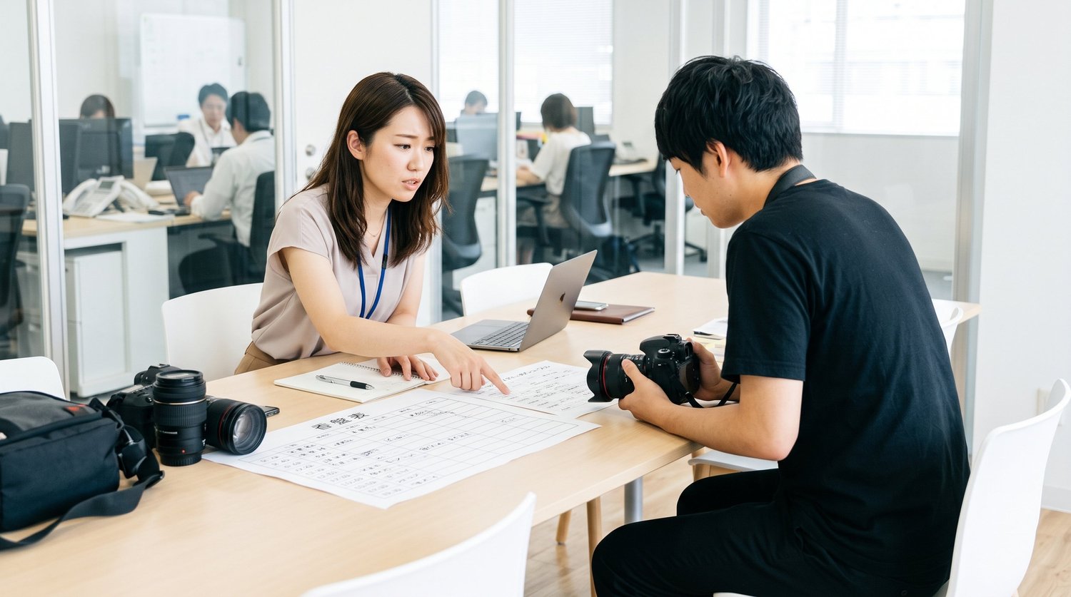 オフィスでご担当者が作った香盤表をカメラマンと一緒に確認している様子