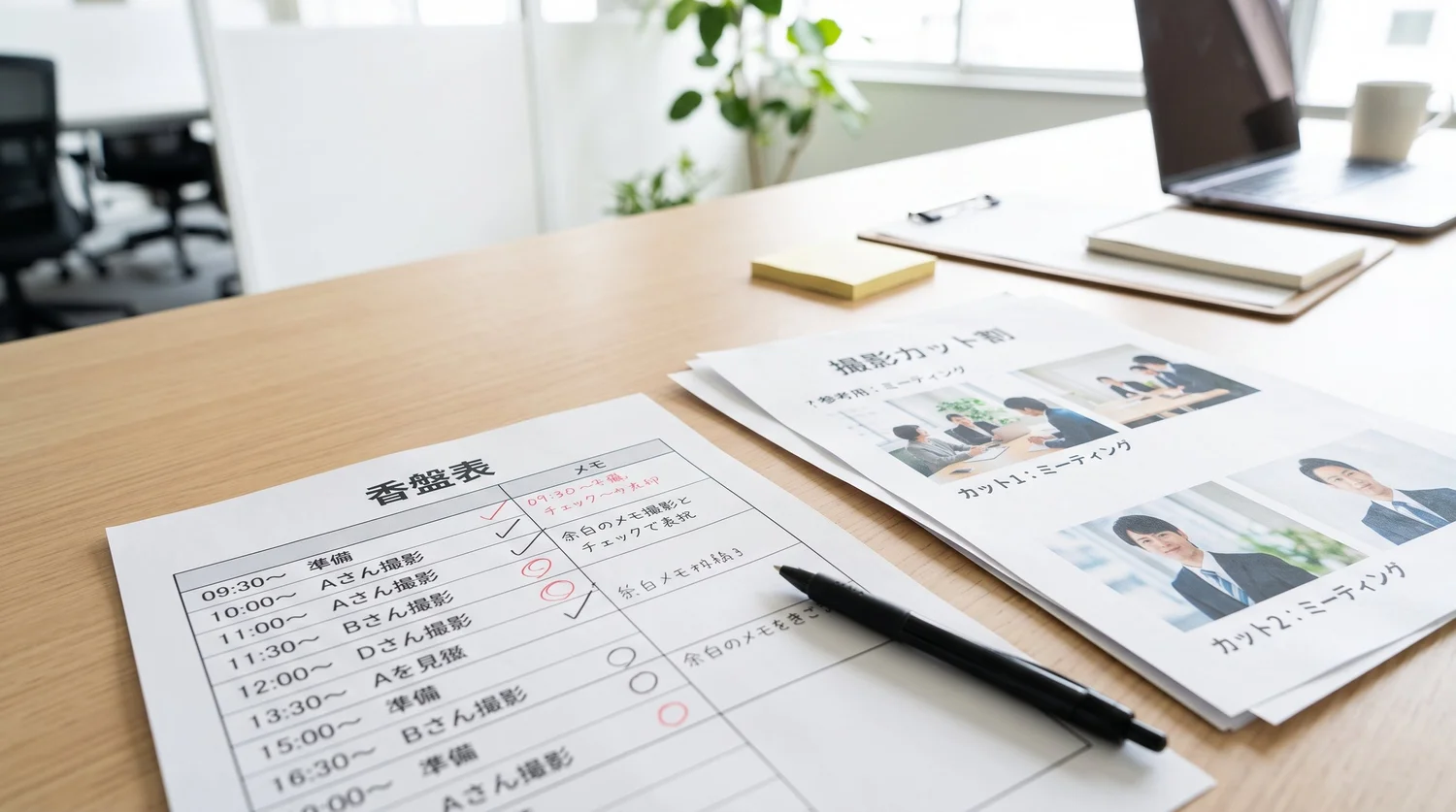 時間ごとに撮影内容を書き込んだ香盤表と、撮影カットの一覧表