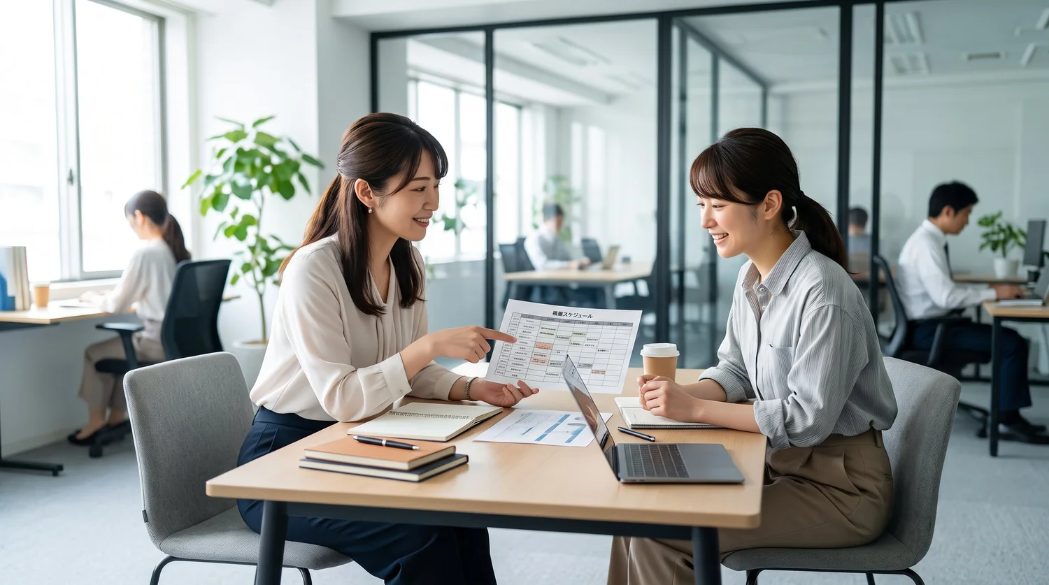 広報担当者どうしで撮影スケジュール表を確認しながら香盤表を作っている様子