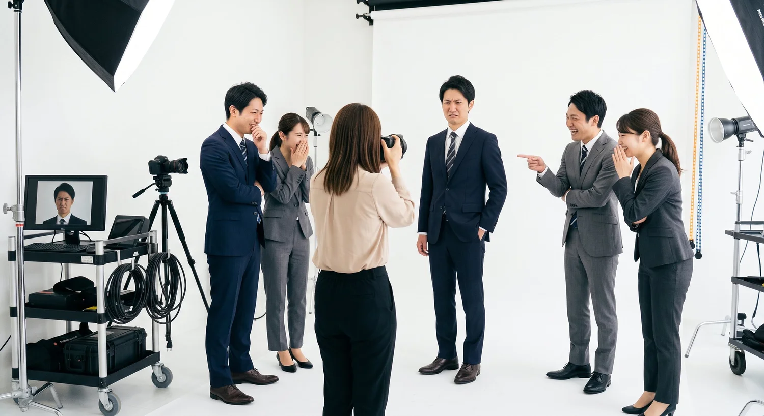 撮影中の社員の周りに同僚が集まって冷やかし、被写体の表情が強張ってしまう撮影現場の様子