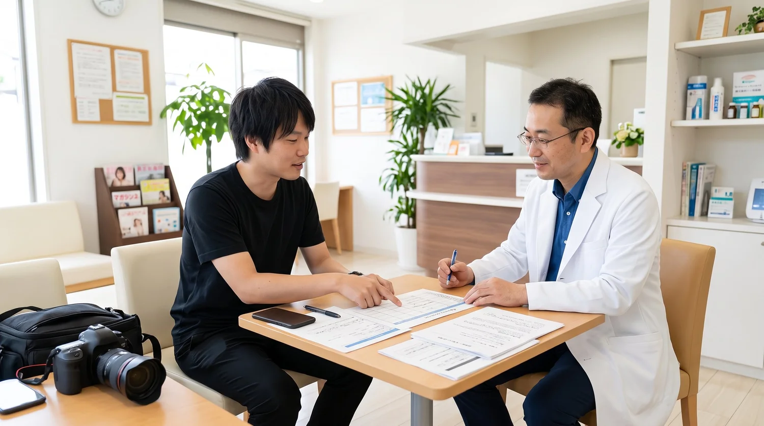 クリニックの待合室で、カメラマンと院長先生が撮影スケジュールを見ながら打ち合わせをしている様子
