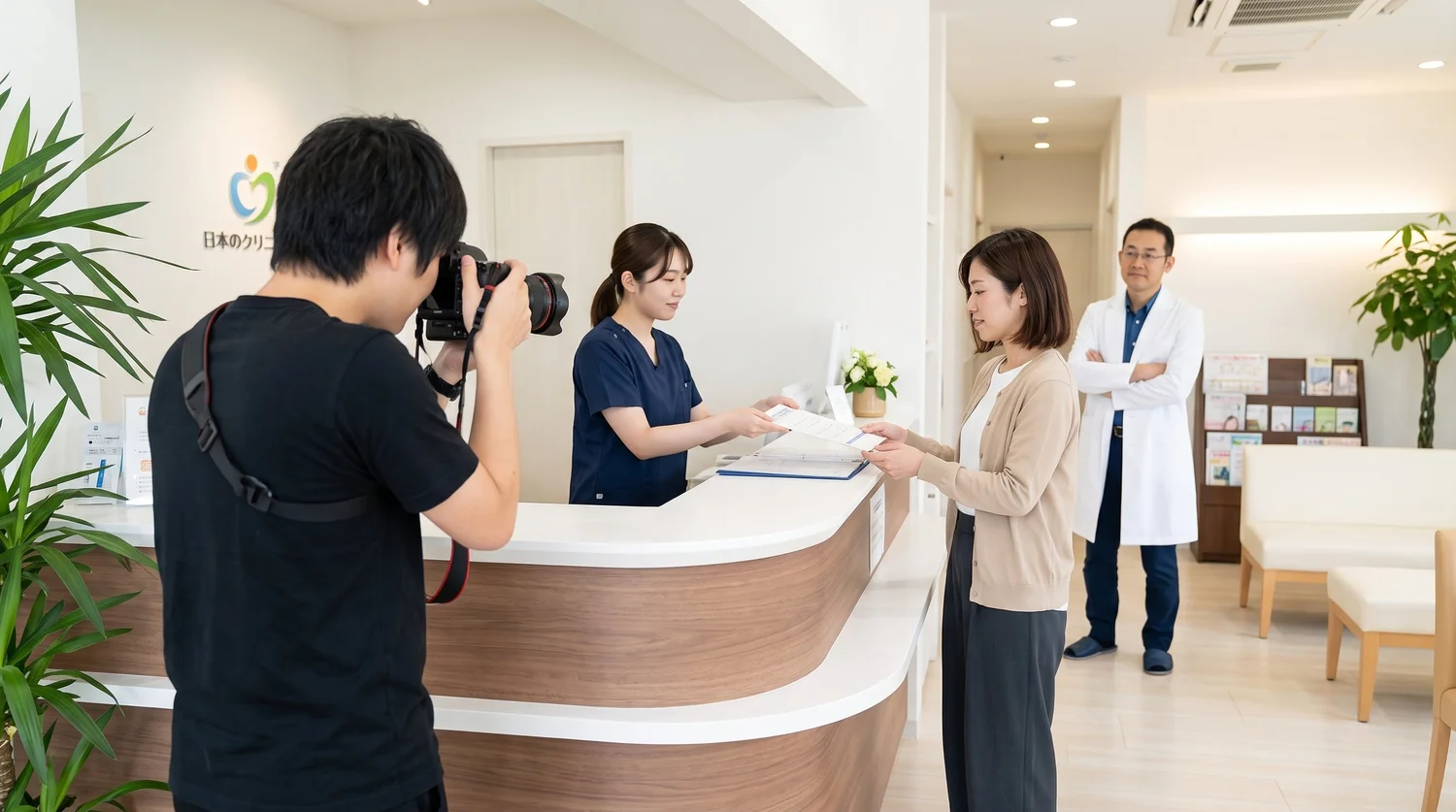 クリニックの受付で、私服のスタッフが患者役になり、受付スタッフと医師を交えて撮影している様子