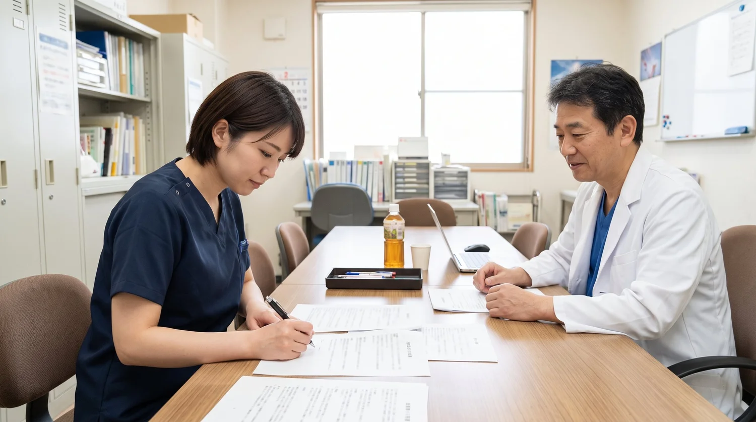 クリニックのスタッフが、医師の説明を受けながら撮影の同意書にサインをしている様子