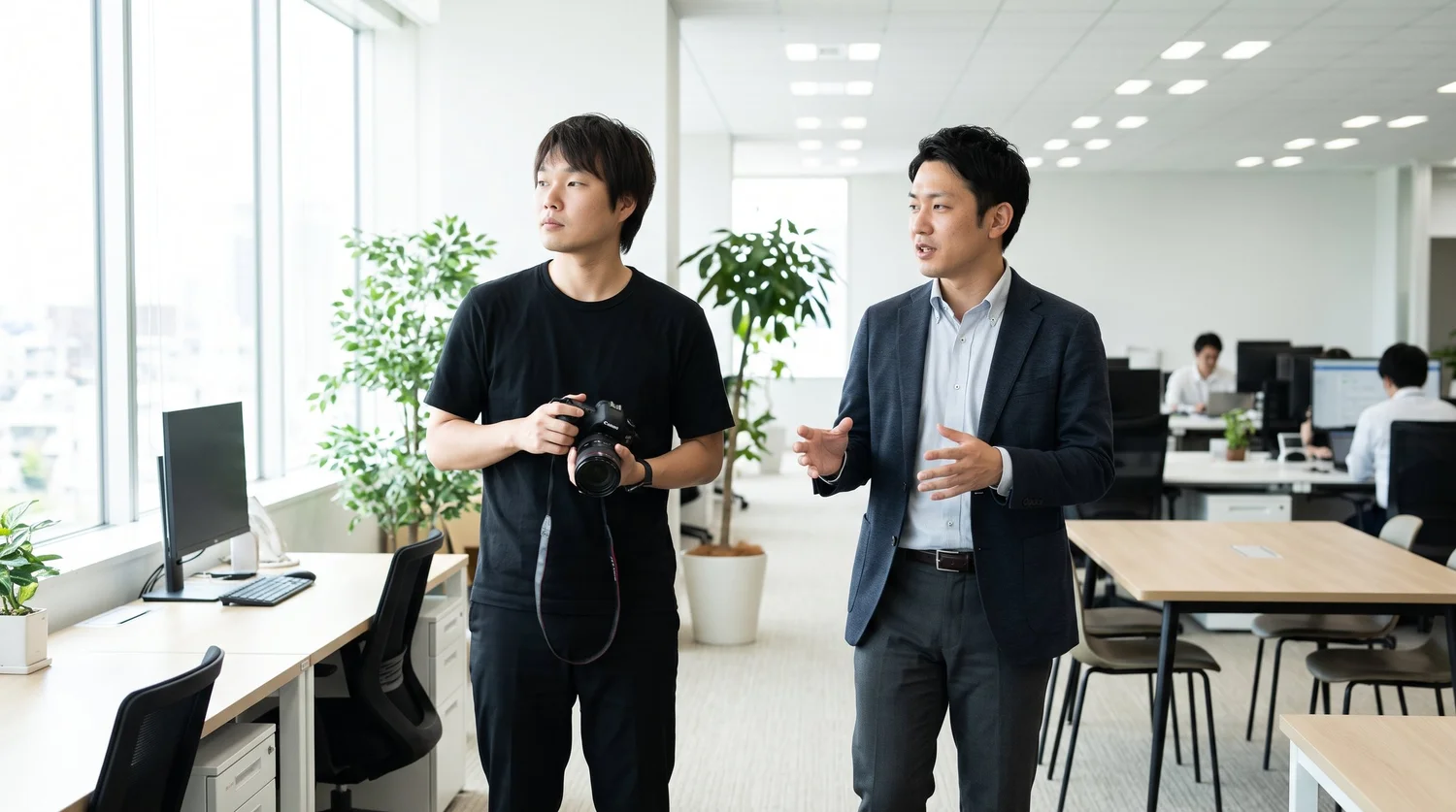 撮影前のロケハンで、カメラマンが企業の担当者と一緒にオフィスの撮影場所を確認している様子