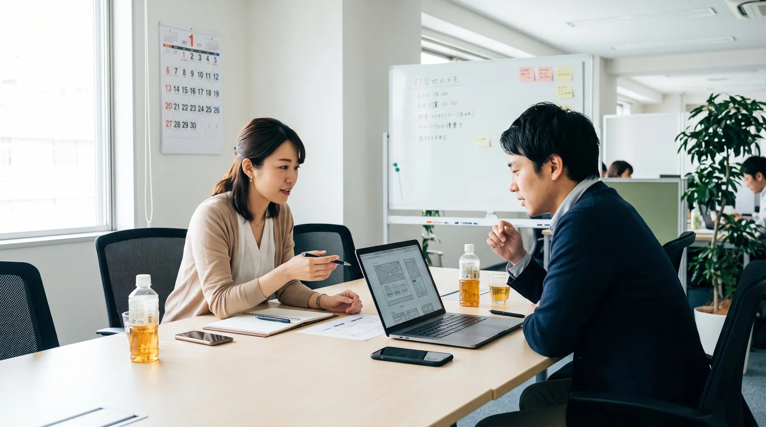 人事担当者とホームページ制作会社の担当者が、採用ページの公開日に向けて打ち合わせをしている様子