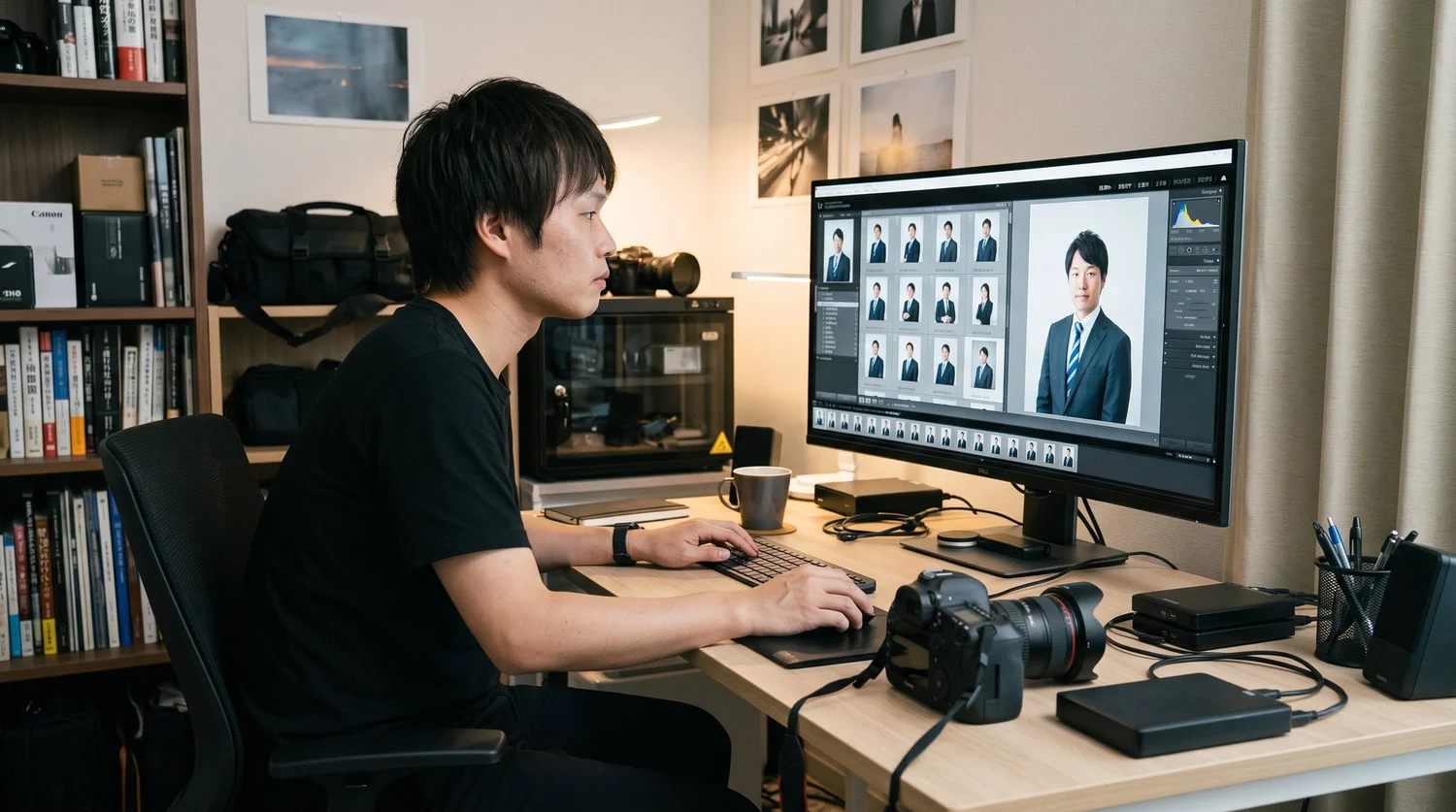 カメラマンが撮影した社員のプロフィール写真をパソコンで選び、納品に向けて仕上げている様子