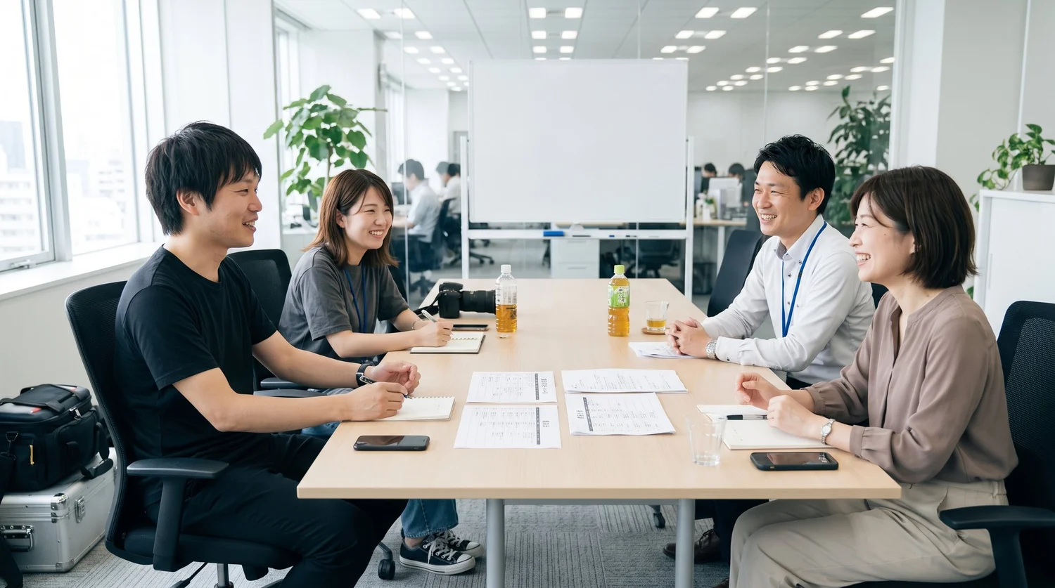 カメラマンと企業の担当者が、撮影カット表と時間割の資料を囲んで撮影計画を打ち合わせている様子