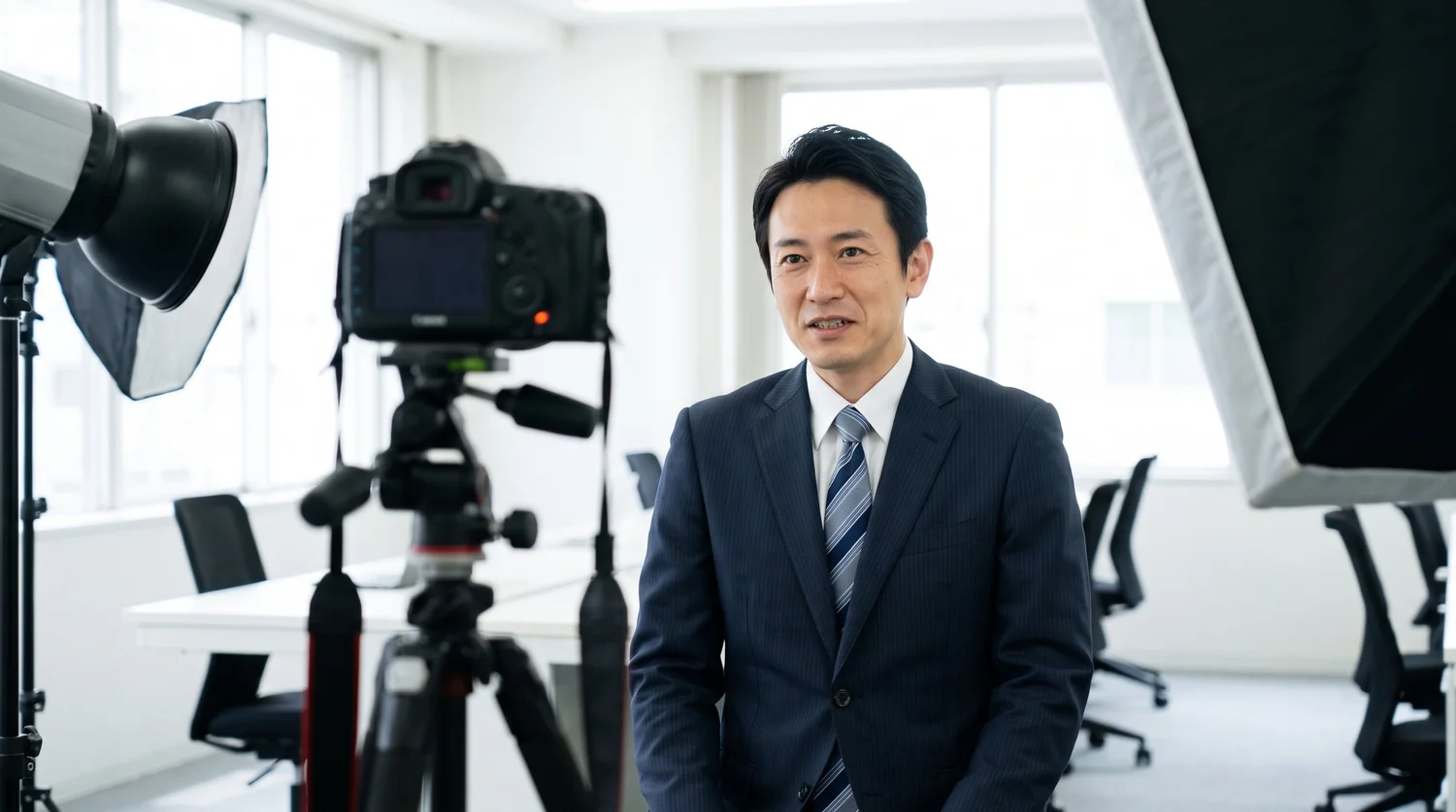 オフィスに設置されたカメラと照明機材の前に立ち、プロフィール写真の撮影を受けるスーツ姿の男性
