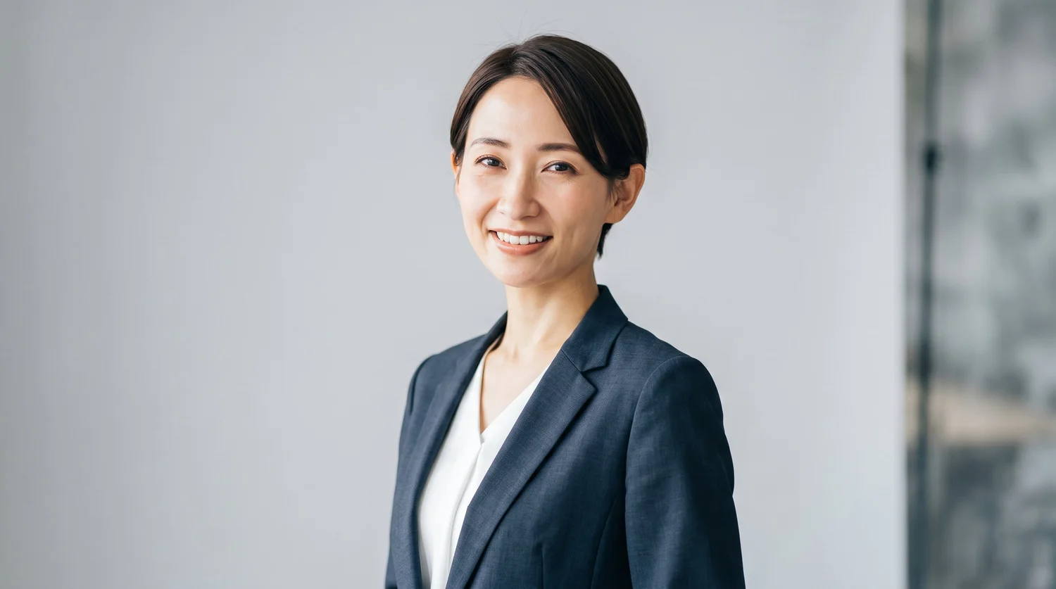 グレーの背景で撮影された、自然な笑顔のビジネスポートレート