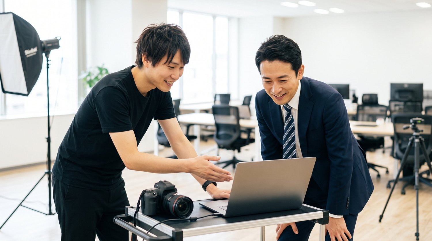 カメラマンと被写体の男性が、撮影した写真をその場でノートパソコンの画面で一緒に確認している様子