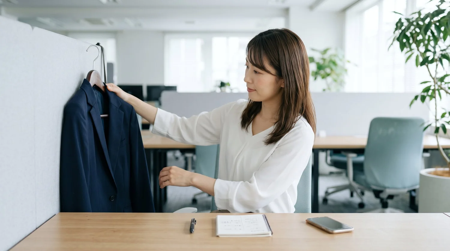 撮影前に、当日着るジャケットをハンガーにかけて準備するオフィスの女性