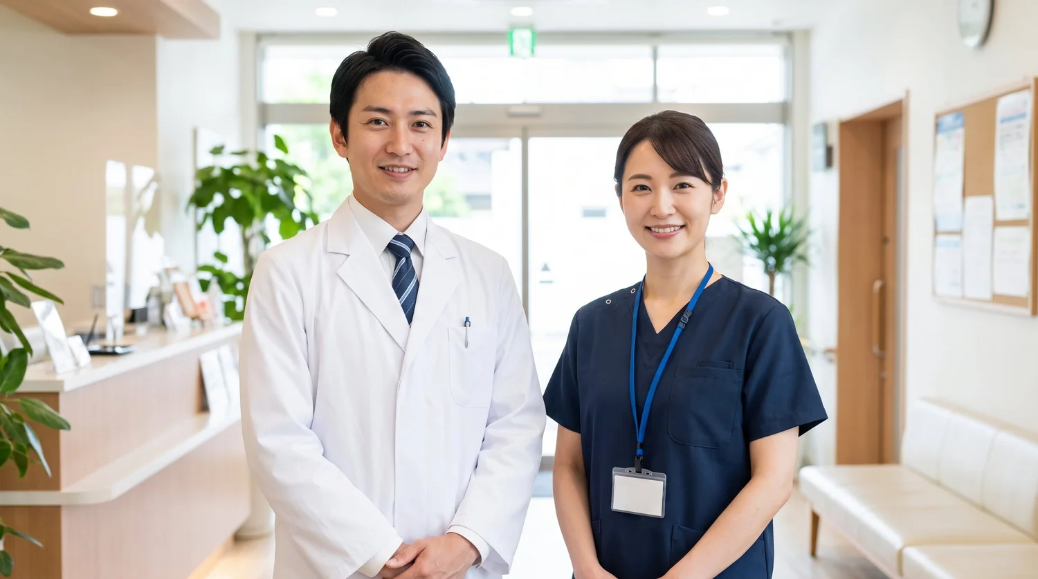 白衣にシャツとネクタイを合わせた男性医師と、スクラブを着た女性医療スタッフがクリニックの待合室に並んで立つ様子