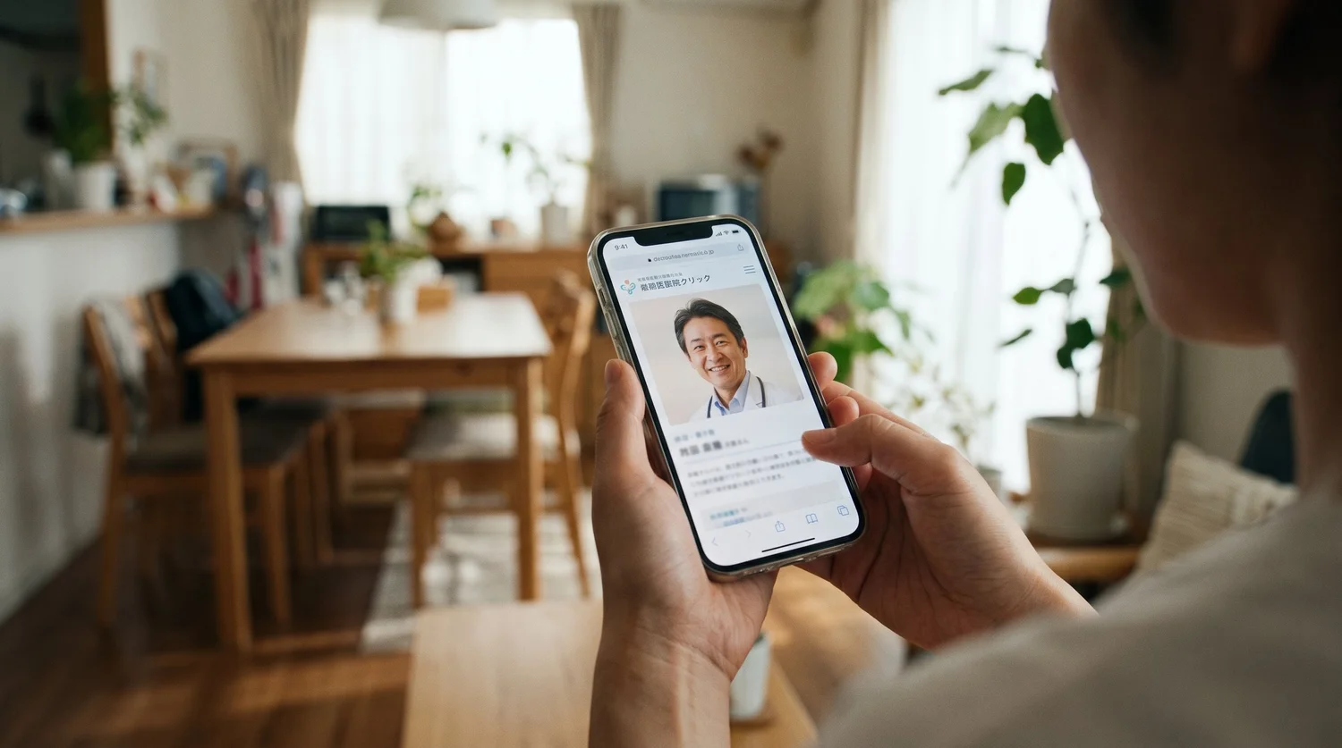 自宅でスマートフォンからクリニックのホームページを開き、医師のプロフィール写真を見ている患者さん