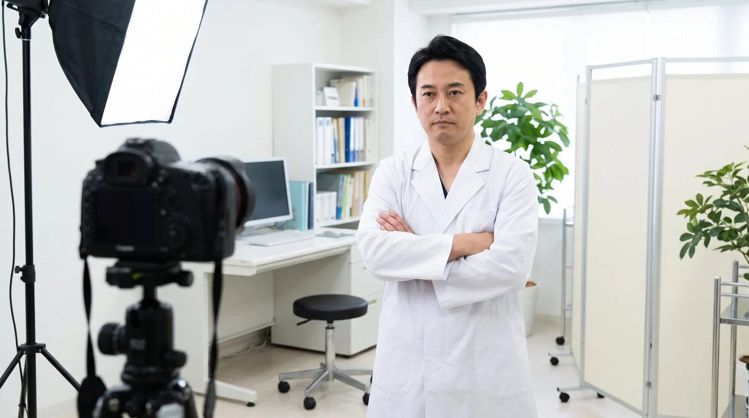 白衣姿の医師が腕組みをしたポーズで撮影されている、高圧的に見えやすいNG例