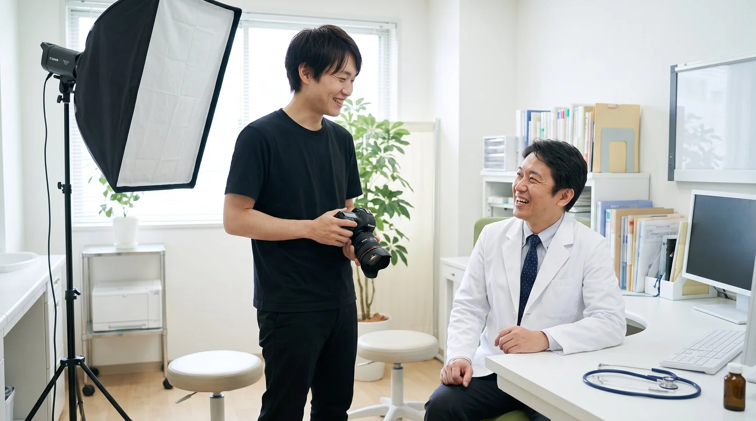 診察室でカメラマンが雑談をしながら、笑顔の院長のプロフィール写真を撮影している様子