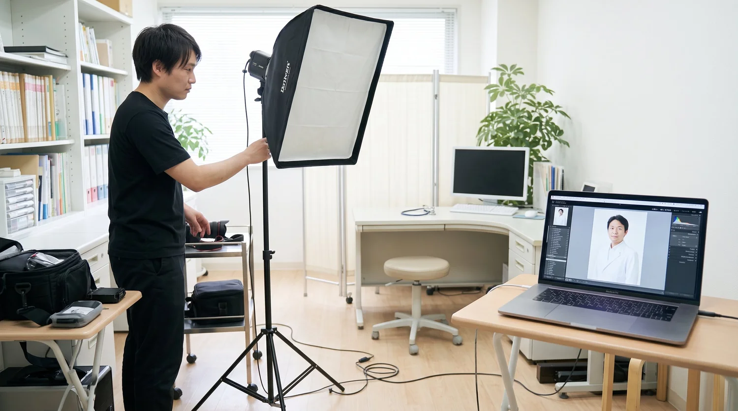 診察室でカメラマンがソフトボックスのライトを調整し、ノートパソコンで医師のプロフィール写真を確認している撮影準備の様子