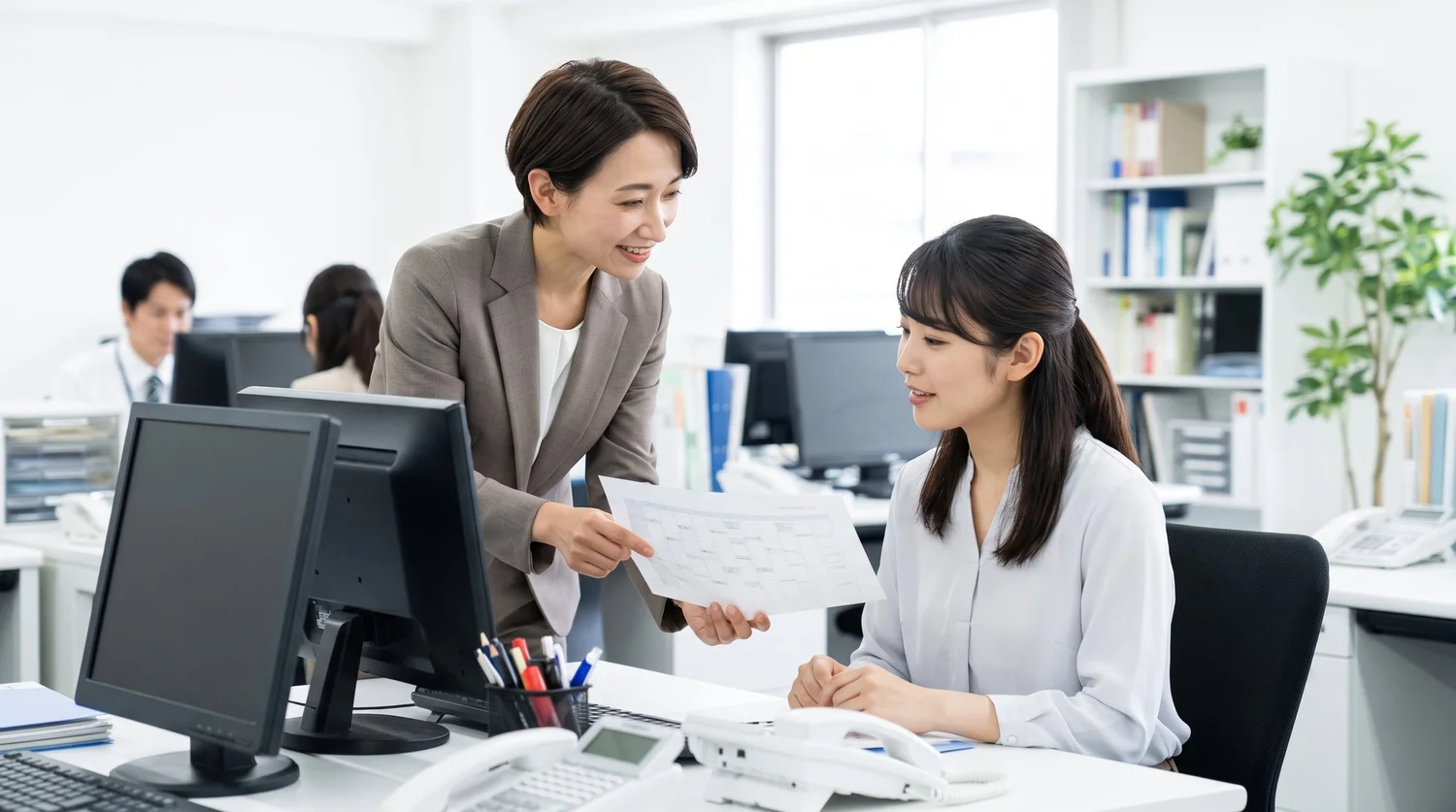 オフィスで担当者の女性がスタッフに資料を見せながら、撮影への参加について丁寧に確認している様子
