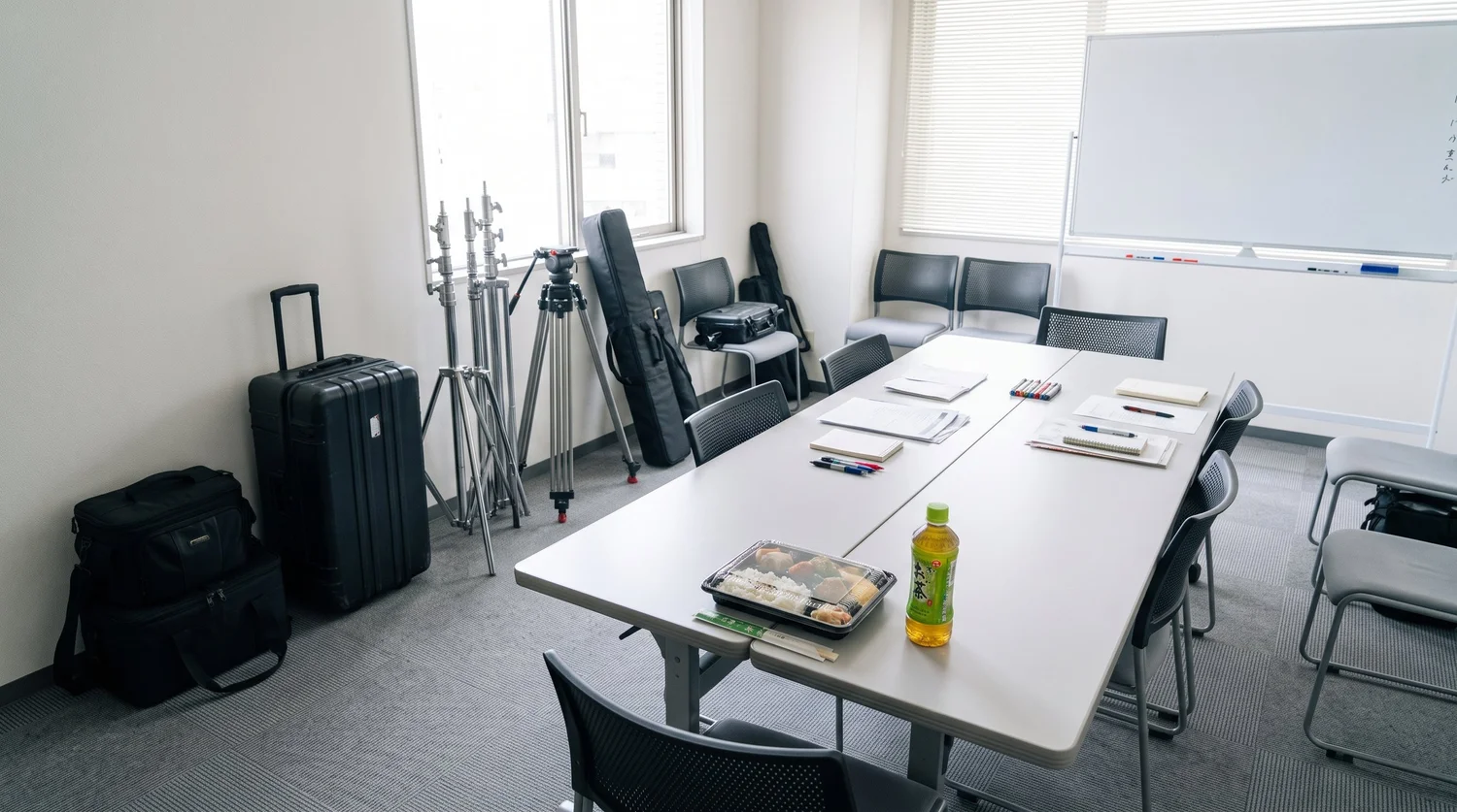 終日撮影のために用意された控室。会議室に撮影機材のケースや昼食が置かれている様子