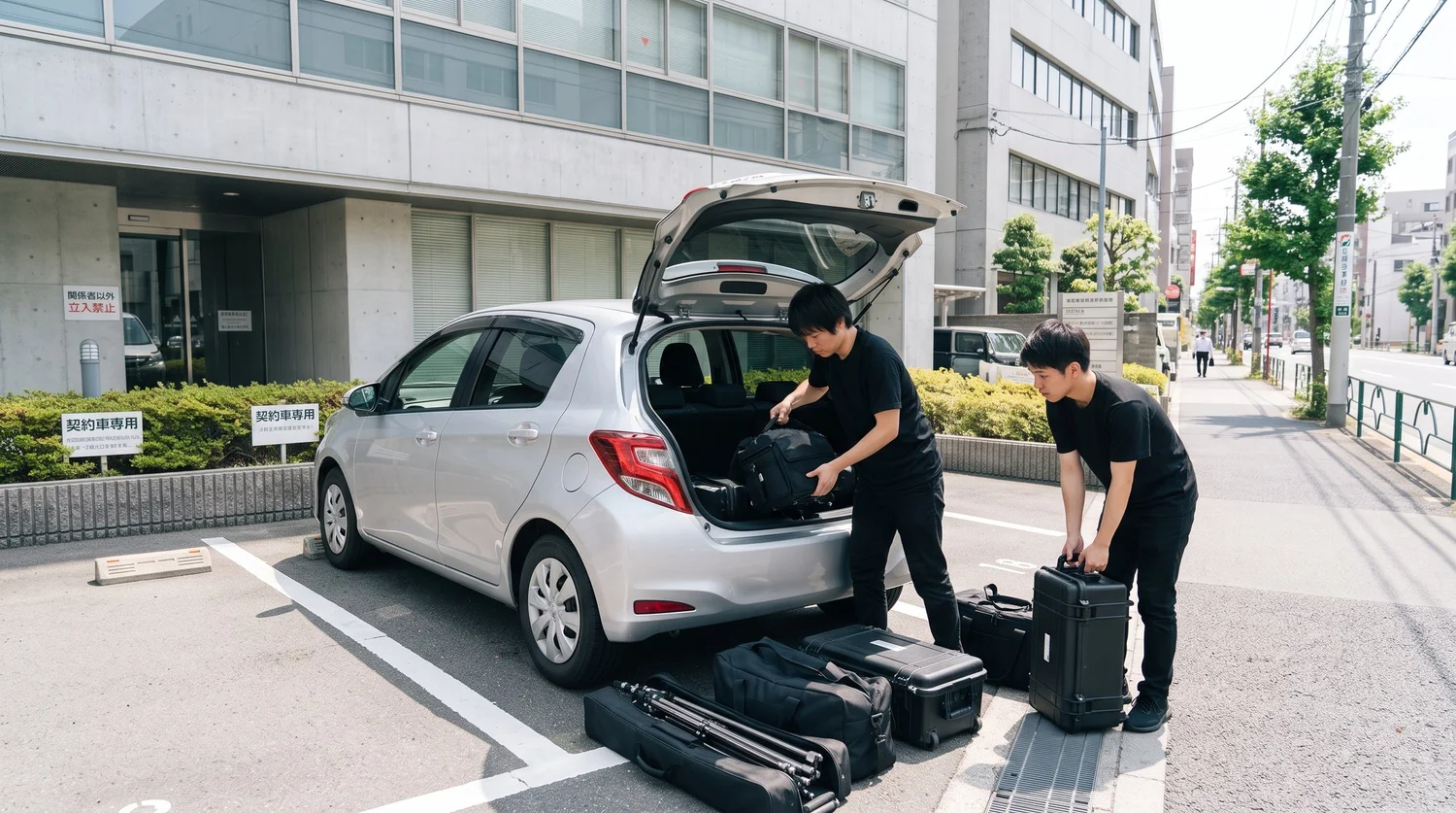 オフィスビル前の駐車場に停めた車から、カメラマンが撮影機材を降ろしている様子