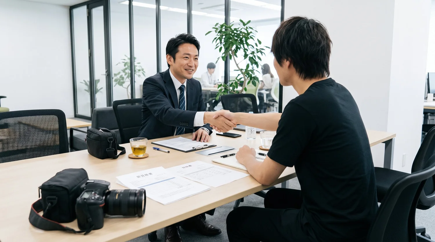 会議室で、企業の担当者とカメラマンが見積もり資料を前に握手をしている様子