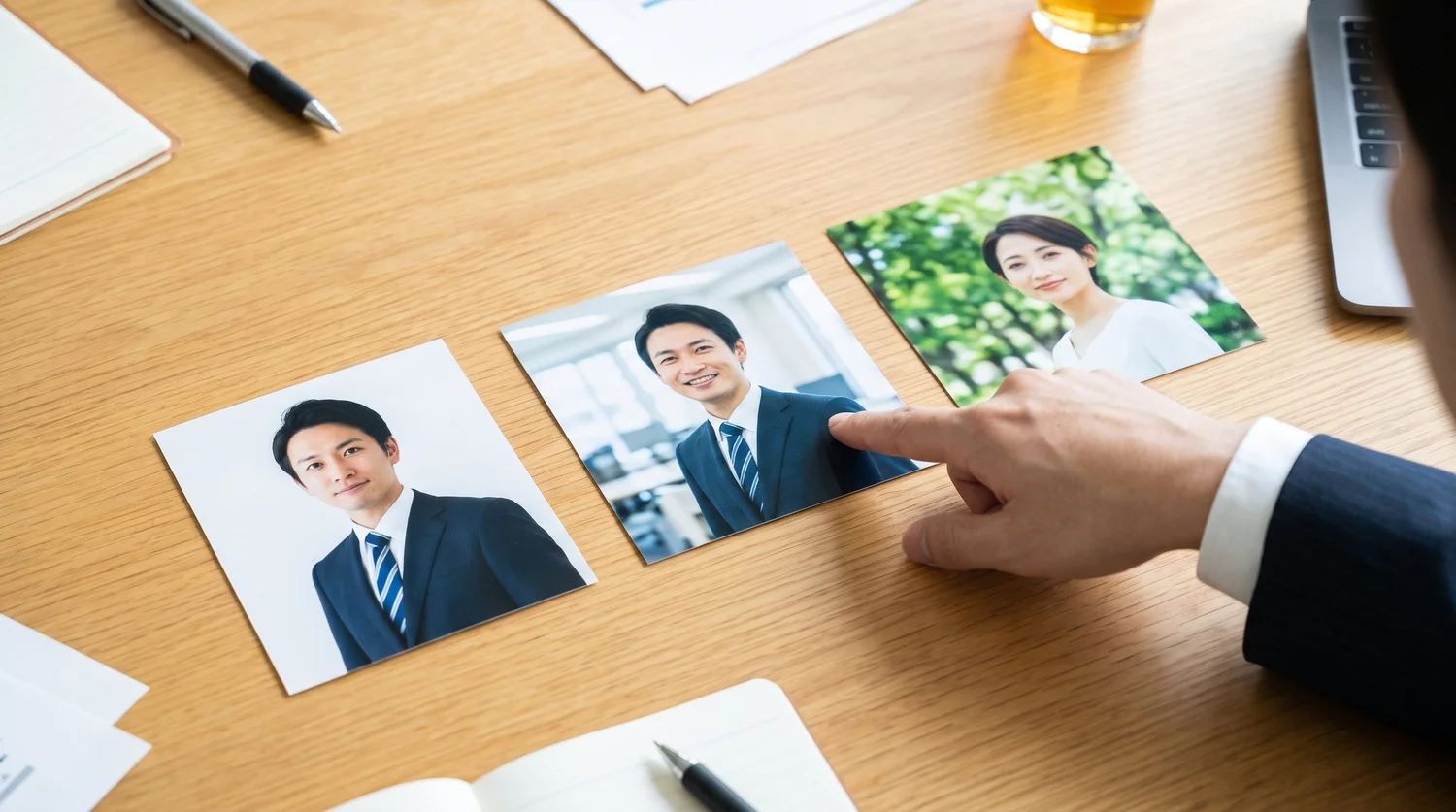 白背景・オフィス・屋外の緑など、背景の違うプロフィール写真の参考資料を指さして選んでいる様子