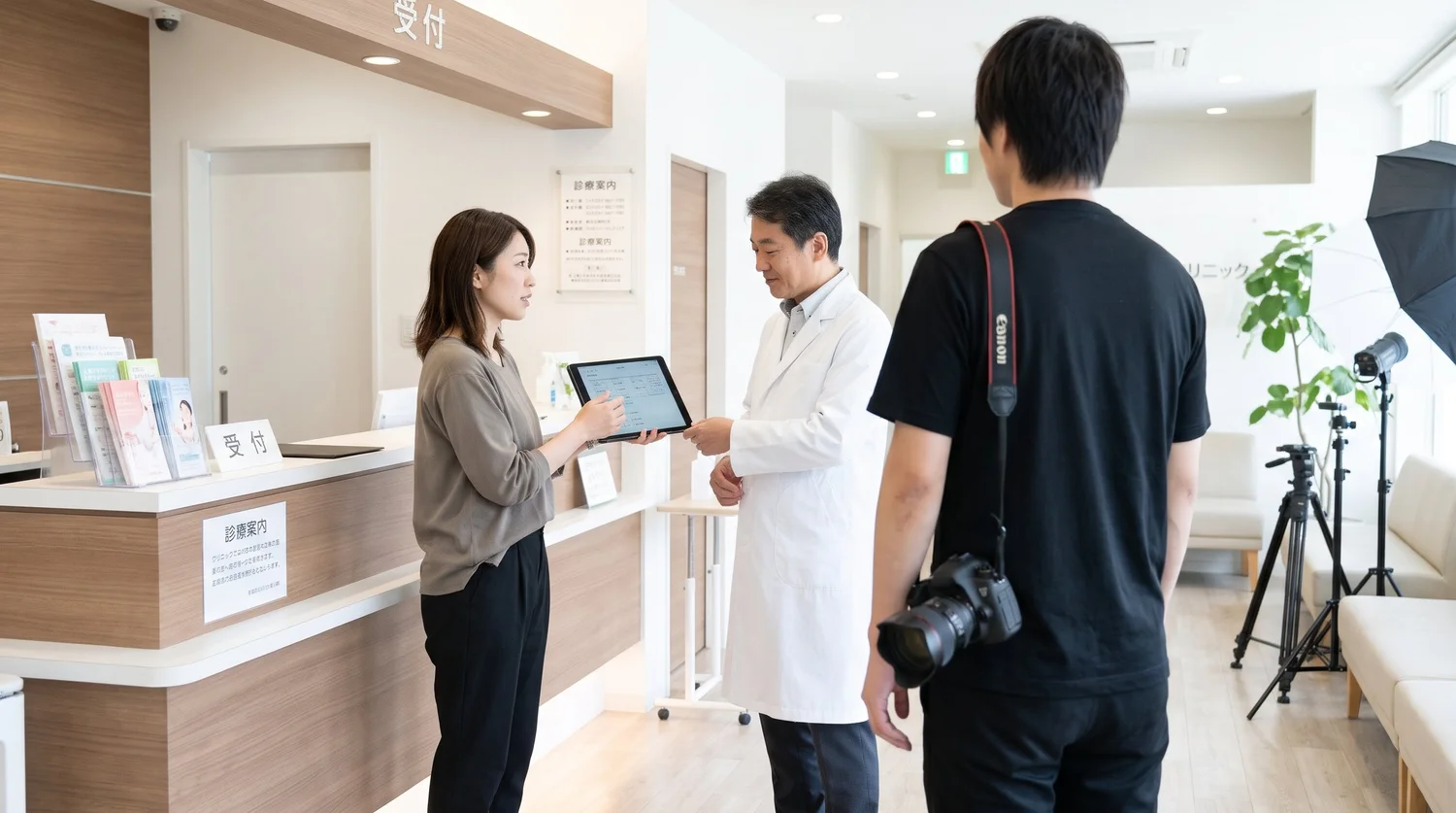 クリニックの受付前で、デザイナーと院長が撮影の打ち合わせをしている様子とカメラマンの後ろ姿