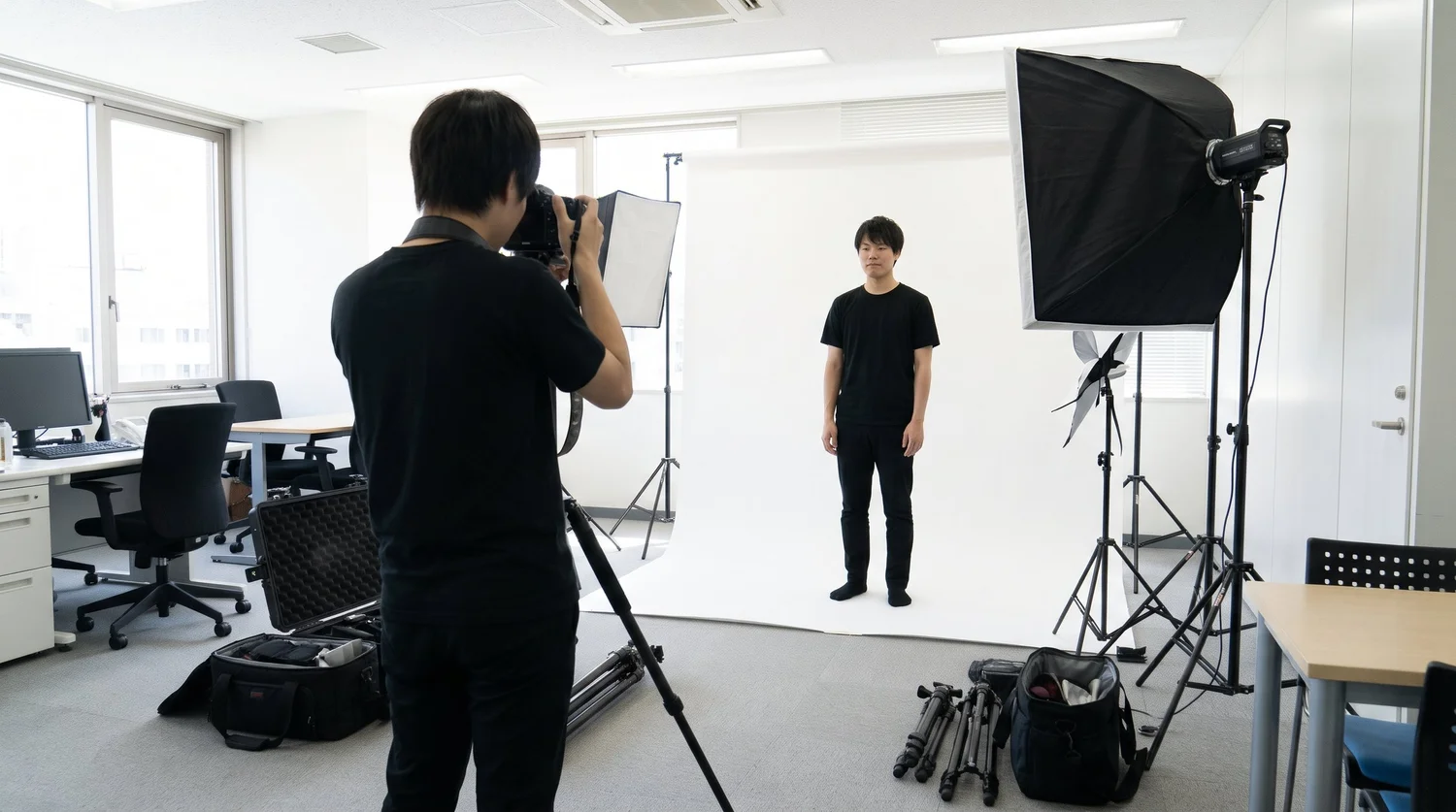 白い背景紙の前に立つアシスタントを被写体にして、カメラマンがテスト撮影をしている様子