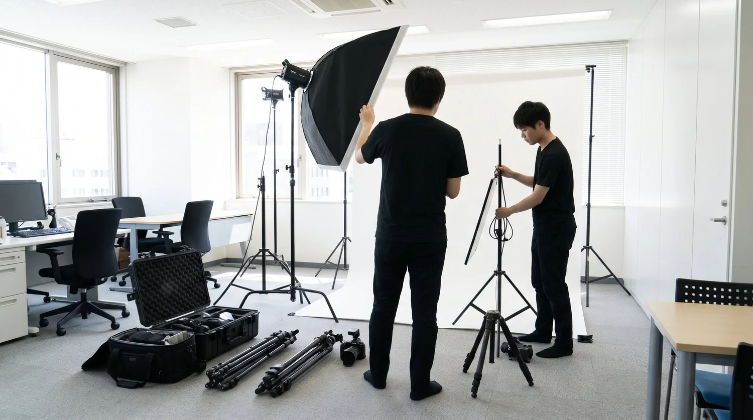 会社の会議室で、カメラマンとアシスタントが背景紙の横にライトスタンドを立ててセッティングしている様子