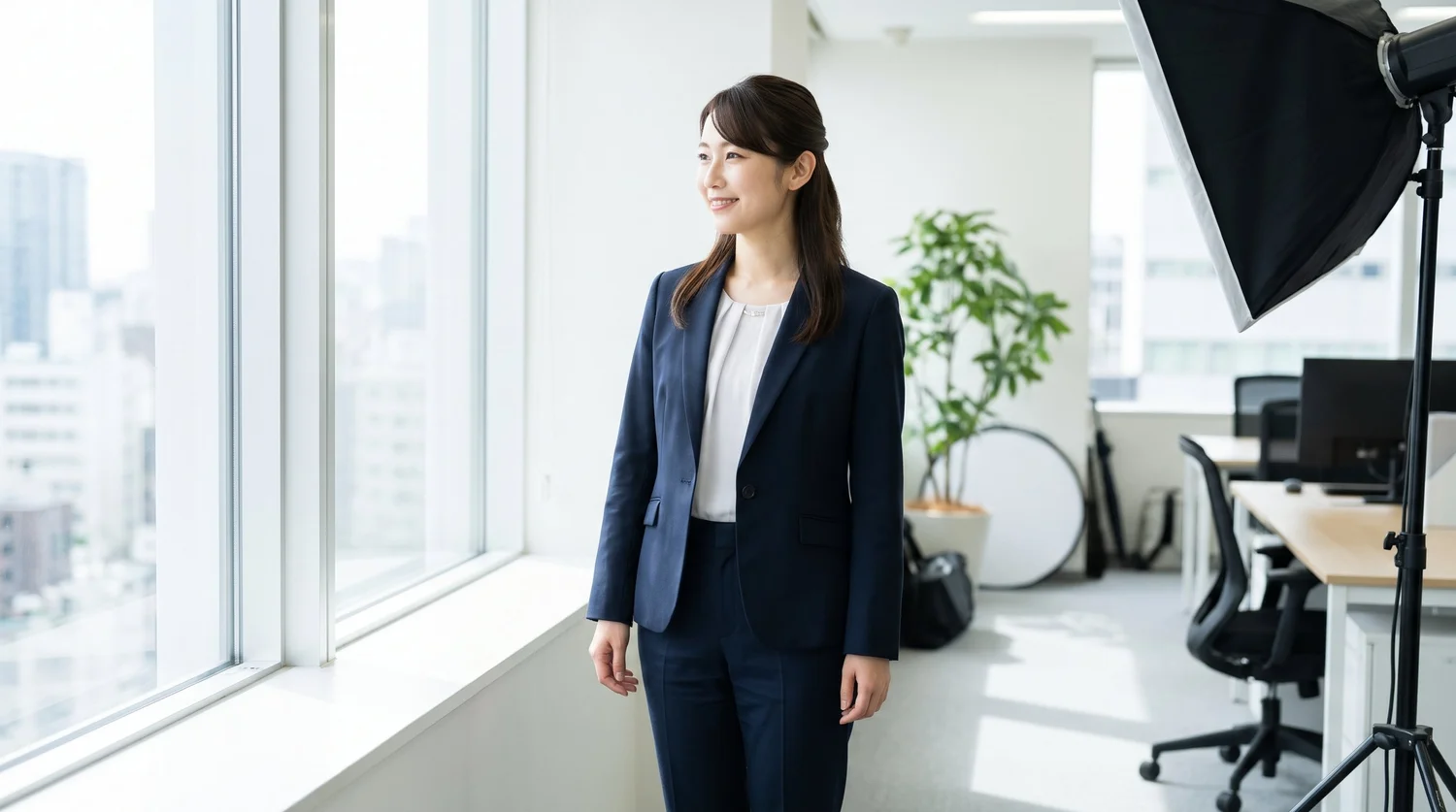 オフィスの窓辺で、カメラから目線を外して自然に微笑むスーツ姿の女性