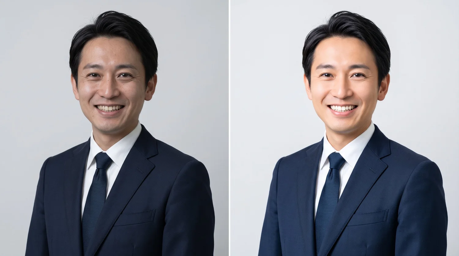 現像前と現像後を並べた、スーツ姿の男性のプロフィール写真の比較